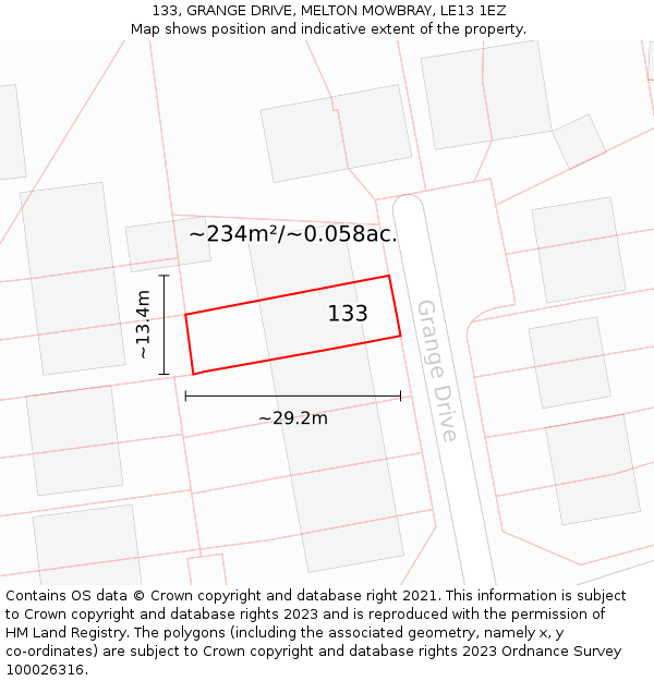 133, GRANGE DRIVE, MELTON MOWBRAY, LE13 1EZ: Plot and title map