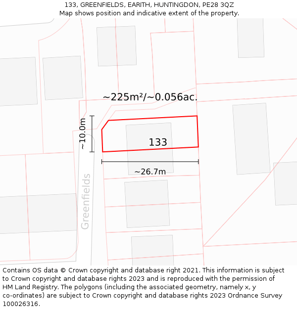 133, GREENFIELDS, EARITH, HUNTINGDON, PE28 3QZ: Plot and title map