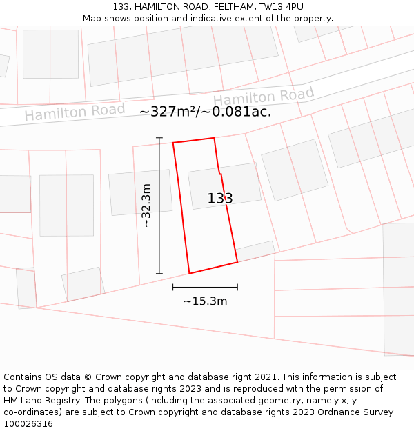 133, HAMILTON ROAD, FELTHAM, TW13 4PU: Plot and title map