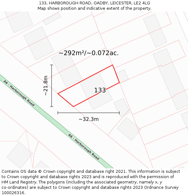 133, HARBOROUGH ROAD, OADBY, LEICESTER, LE2 4LG: Plot and title map