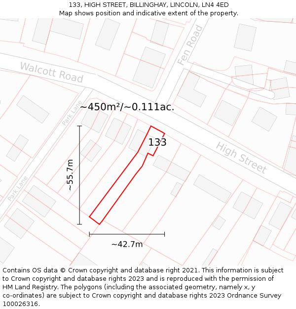 133, HIGH STREET, BILLINGHAY, LINCOLN, LN4 4ED: Plot and title map