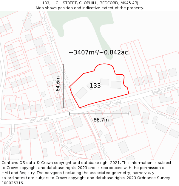 133, HIGH STREET, CLOPHILL, BEDFORD, MK45 4BJ: Plot and title map