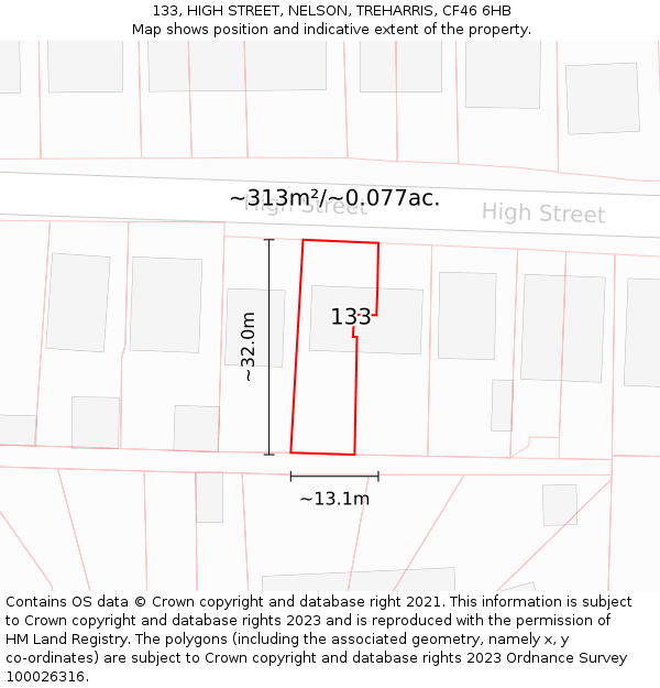 133, HIGH STREET, NELSON, TREHARRIS, CF46 6HB: Plot and title map