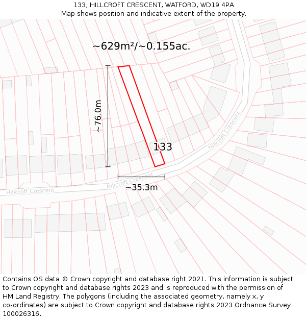 133, HILLCROFT CRESCENT, WATFORD, WD19 4PA: Plot and title map