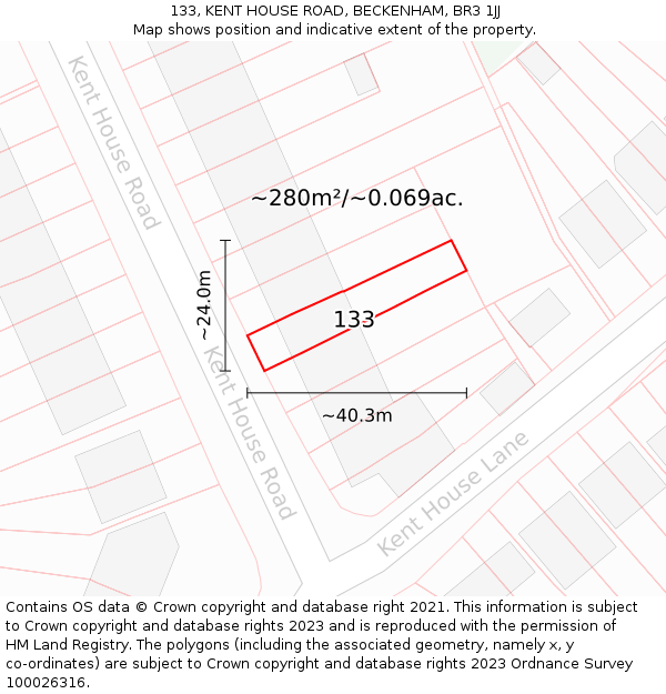 133, KENT HOUSE ROAD, BECKENHAM, BR3 1JJ: Plot and title map