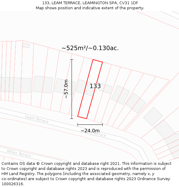 133, LEAM TERRACE, LEAMINGTON SPA, CV31 1DF: Plot and title map