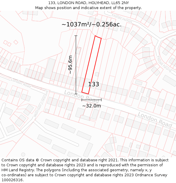 133, LONDON ROAD, HOLYHEAD, LL65 2NY: Plot and title map