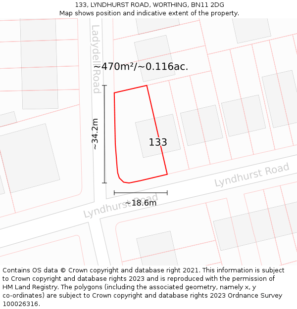 133, LYNDHURST ROAD, WORTHING, BN11 2DG: Plot and title map