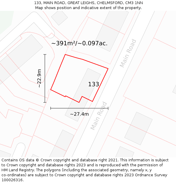 133, MAIN ROAD, GREAT LEIGHS, CHELMSFORD, CM3 1NN: Plot and title map