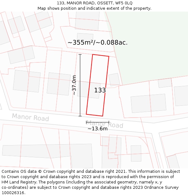 133, MANOR ROAD, OSSETT, WF5 0LQ: Plot and title map
