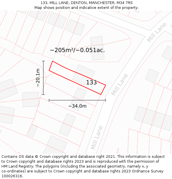 133, MILL LANE, DENTON, MANCHESTER, M34 7RS: Plot and title map