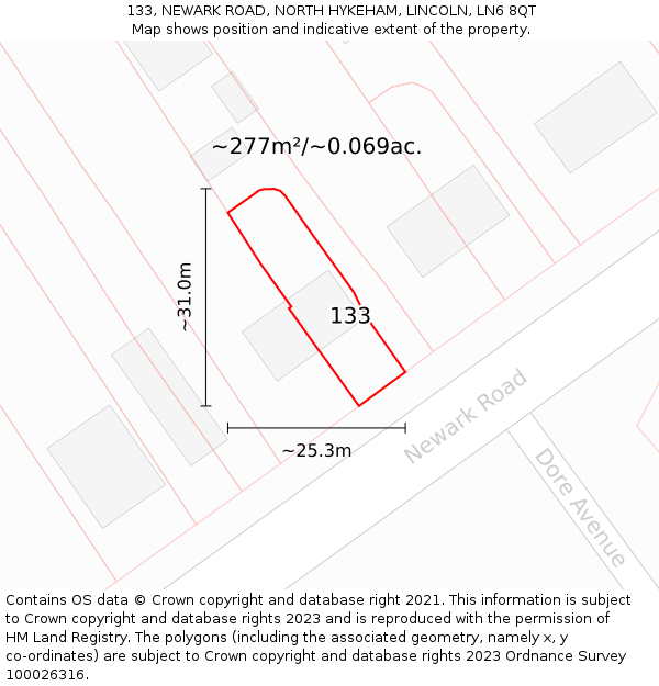 133, NEWARK ROAD, NORTH HYKEHAM, LINCOLN, LN6 8QT: Plot and title map