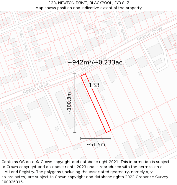 133, NEWTON DRIVE, BLACKPOOL, FY3 8LZ: Plot and title map
