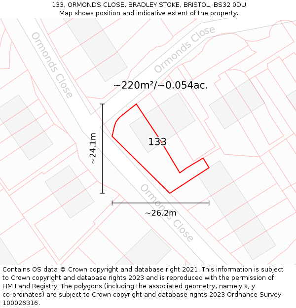 133, ORMONDS CLOSE, BRADLEY STOKE, BRISTOL, BS32 0DU: Plot and title map