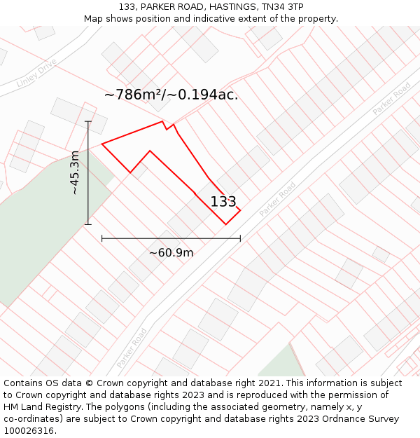 133, PARKER ROAD, HASTINGS, TN34 3TP: Plot and title map