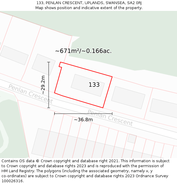 133, PENLAN CRESCENT, UPLANDS, SWANSEA, SA2 0RJ: Plot and title map
