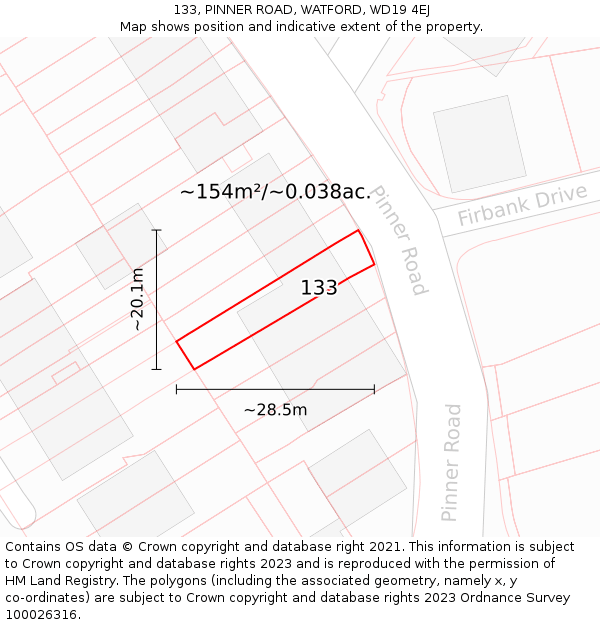 133, PINNER ROAD, WATFORD, WD19 4EJ: Plot and title map