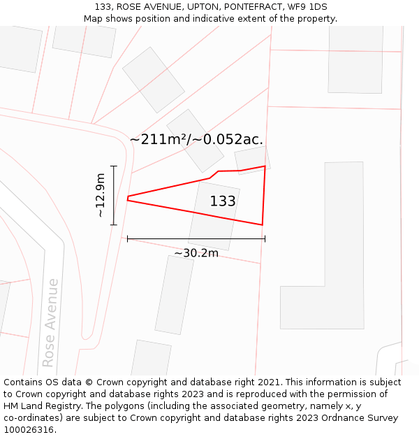 133, ROSE AVENUE, UPTON, PONTEFRACT, WF9 1DS: Plot and title map