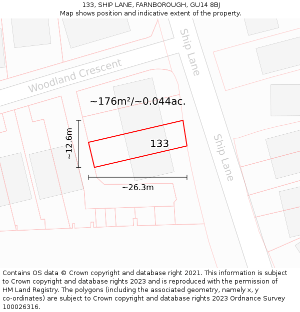 133, SHIP LANE, FARNBOROUGH, GU14 8BJ: Plot and title map