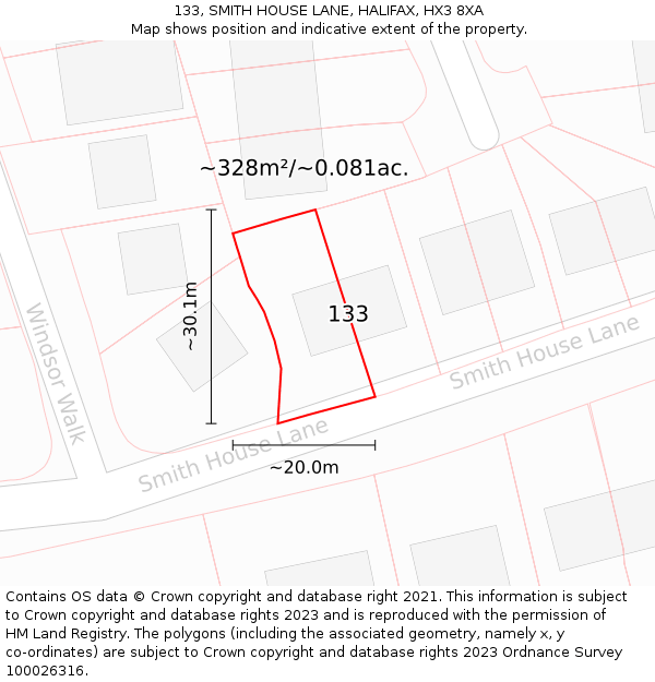 133, SMITH HOUSE LANE, HALIFAX, HX3 8XA: Plot and title map