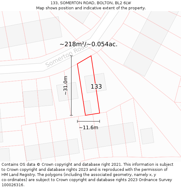 133, SOMERTON ROAD, BOLTON, BL2 6LW: Plot and title map