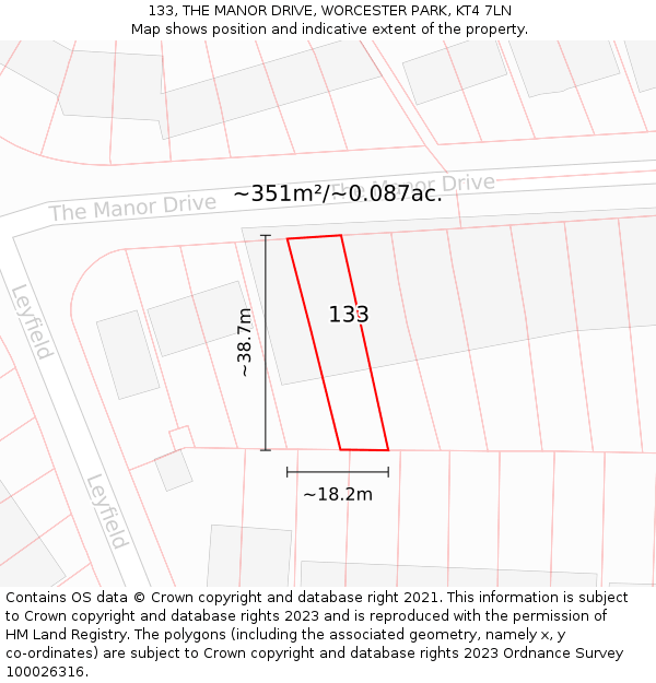 133, THE MANOR DRIVE, WORCESTER PARK, KT4 7LN: Plot and title map