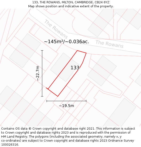 133, THE ROWANS, MILTON, CAMBRIDGE, CB24 6YZ: Plot and title map