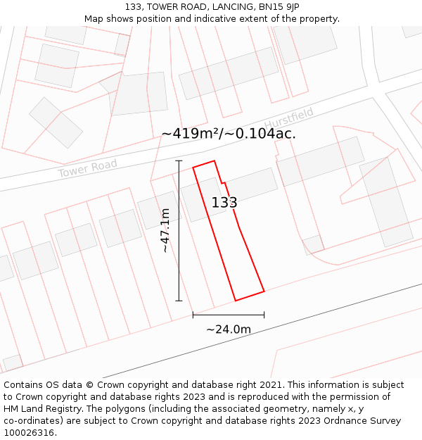 133, TOWER ROAD, LANCING, BN15 9JP: Plot and title map