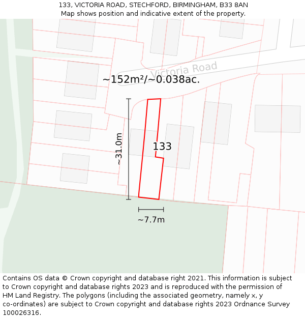 133, VICTORIA ROAD, STECHFORD, BIRMINGHAM, B33 8AN: Plot and title map