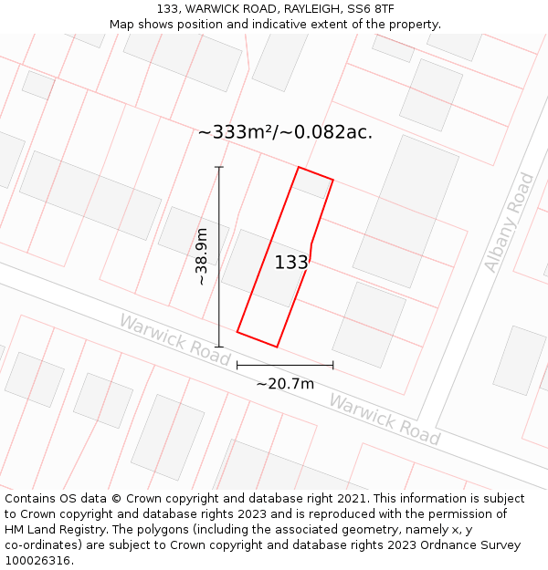133, WARWICK ROAD, RAYLEIGH, SS6 8TF: Plot and title map