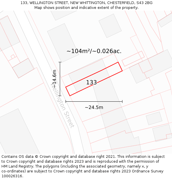 133, WELLINGTON STREET, NEW WHITTINGTON, CHESTERFIELD, S43 2BG: Plot and title map