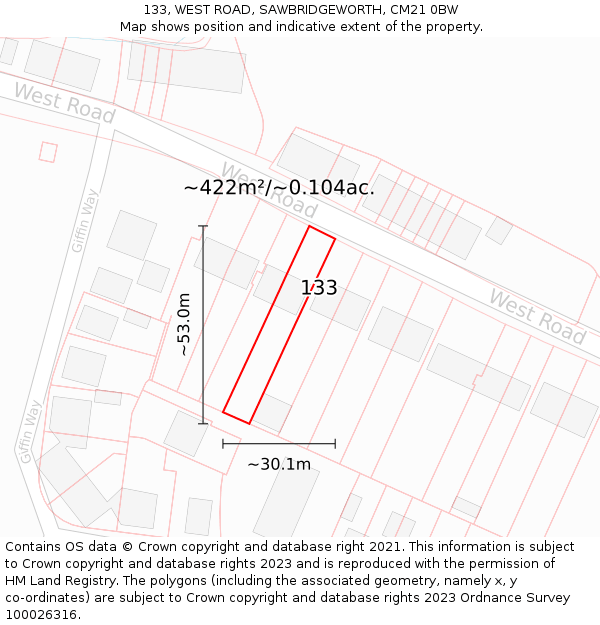 133, WEST ROAD, SAWBRIDGEWORTH, CM21 0BW: Plot and title map