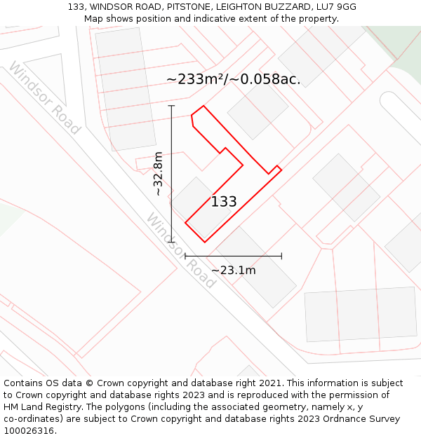 133, WINDSOR ROAD, PITSTONE, LEIGHTON BUZZARD, LU7 9GG: Plot and title map