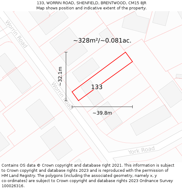 133, WORRIN ROAD, SHENFIELD, BRENTWOOD, CM15 8JR: Plot and title map