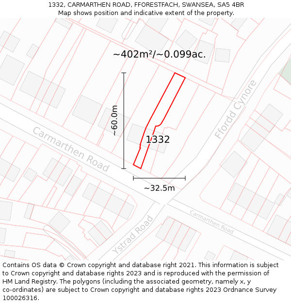 1332, CARMARTHEN ROAD, FFORESTFACH, SWANSEA, SA5 4BR: Plot and title map