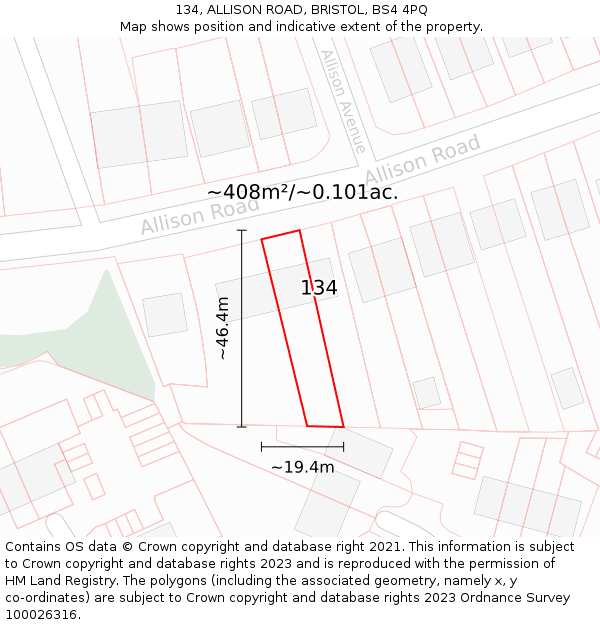 134, ALLISON ROAD, BRISTOL, BS4 4PQ: Plot and title map