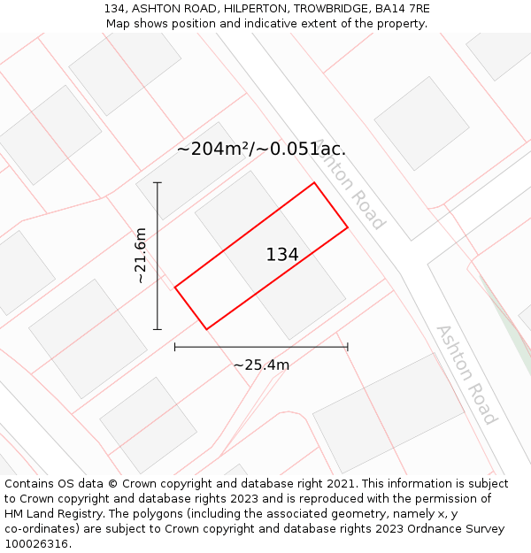 134, ASHTON ROAD, HILPERTON, TROWBRIDGE, BA14 7RE: Plot and title map