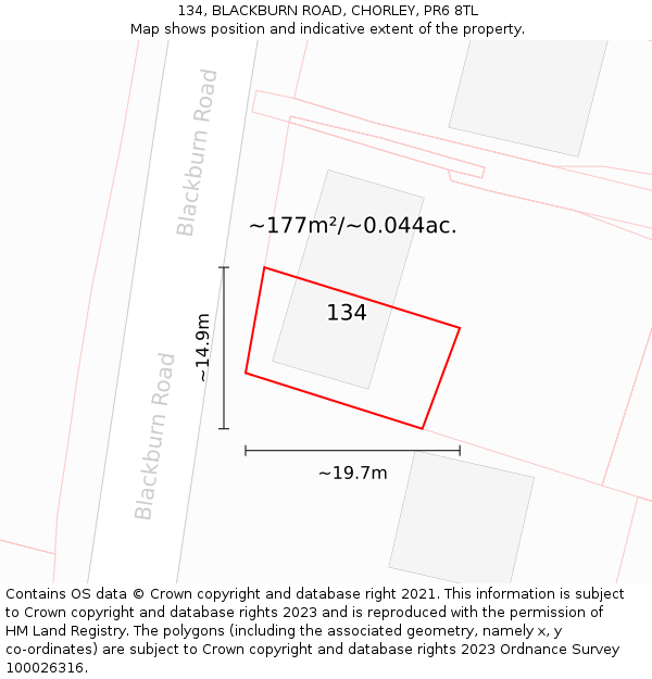 134, BLACKBURN ROAD, CHORLEY, PR6 8TL: Plot and title map