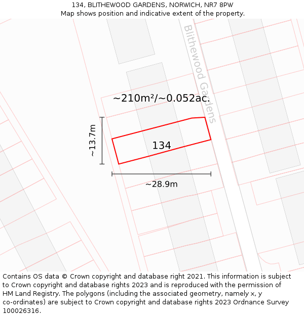 134, BLITHEWOOD GARDENS, NORWICH, NR7 8PW: Plot and title map