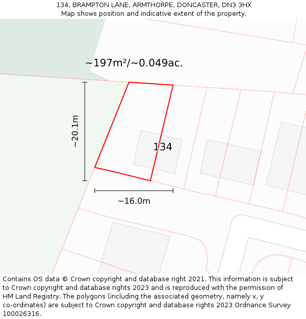 134, BRAMPTON LANE, ARMTHORPE, DONCASTER, DN3 3HX: Plot and title map
