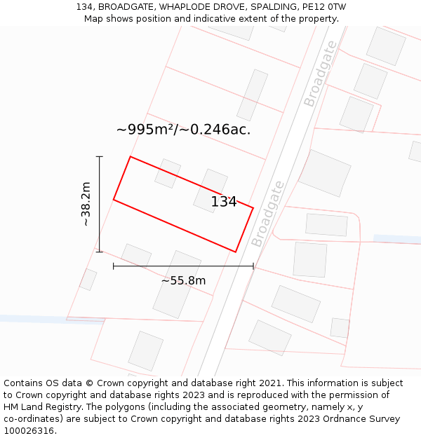 134, BROADGATE, WHAPLODE DROVE, SPALDING, PE12 0TW: Plot and title map
