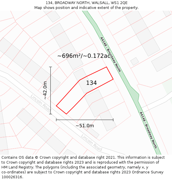 134, BROADWAY NORTH, WALSALL, WS1 2QE: Plot and title map