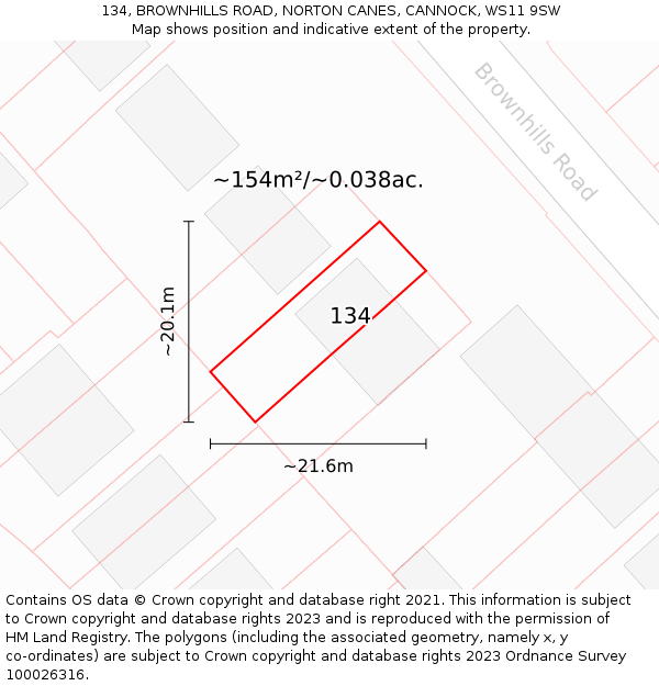 134, BROWNHILLS ROAD, NORTON CANES, CANNOCK, WS11 9SW: Plot and title map
