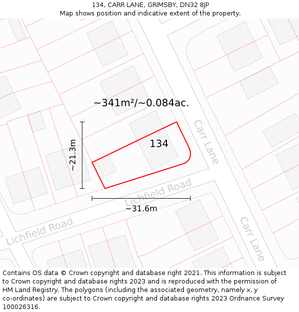 134, CARR LANE, GRIMSBY, DN32 8JP: Plot and title map