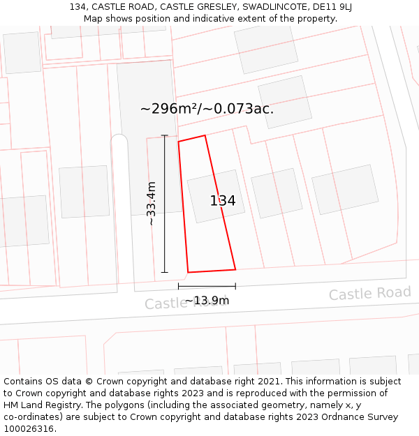 134, CASTLE ROAD, CASTLE GRESLEY, SWADLINCOTE, DE11 9LJ: Plot and title map