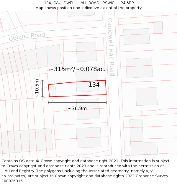 134, CAULDWELL HALL ROAD, IPSWICH, IP4 5BP: Plot and title map