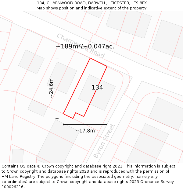 134, CHARNWOOD ROAD, BARWELL, LEICESTER, LE9 8FX: Plot and title map
