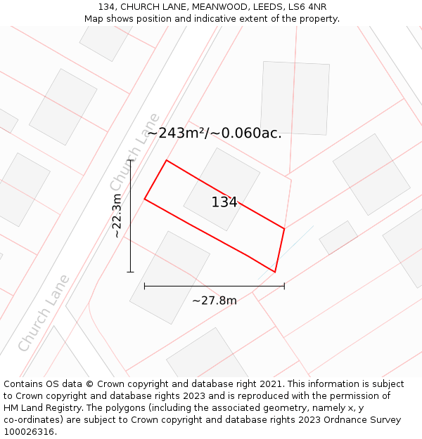 134, CHURCH LANE, MEANWOOD, LEEDS, LS6 4NR: Plot and title map