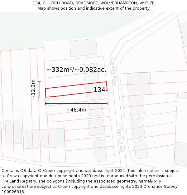 134, CHURCH ROAD, BRADMORE, WOLVERHAMPTON, WV3 7EJ: Plot and title map