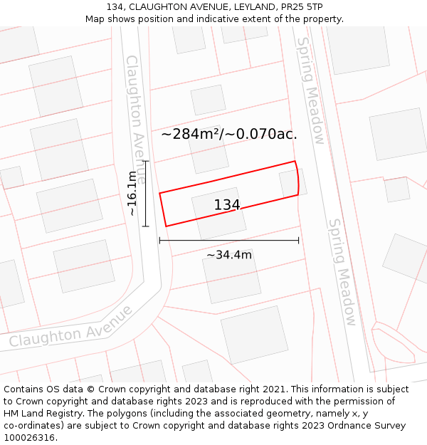 134, CLAUGHTON AVENUE, LEYLAND, PR25 5TP: Plot and title map